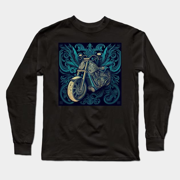 Hand Drawn Chopper Motorcycle Long Sleeve T-Shirt by TMaikousis
